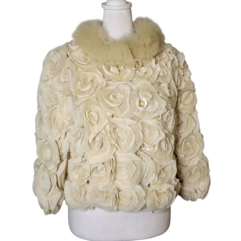 Vtg Saint Gil Paris 3D Rosette Jacket Cream Crop Faux Fur Coquette S Avant-Garde